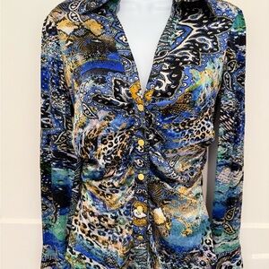 Cache Blue and Gold Patterned Blouse